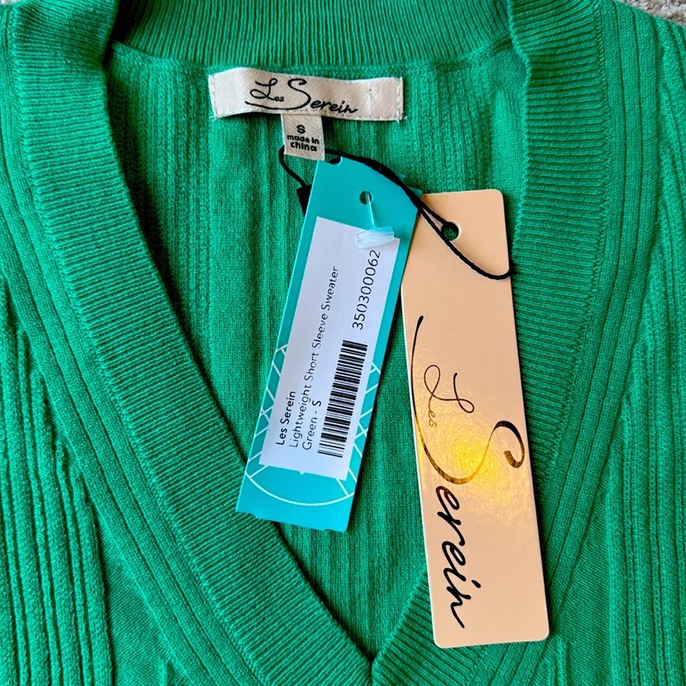 Les Serein Apple Green Ribbed V-Neck Short Sleeve Sweater Women's Small NWT - Picture 3 of 9
